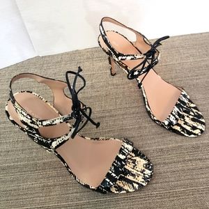 Pour La Victoire Black/White Snake Painted Skin Elisa Open Toe Ankle Strap Heels